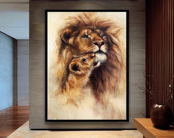 Majestic Lion Family Wall Art – Hand Painted Effect Canvas Poster