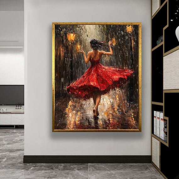 Woman in Red Dress Canvas Art: Romantic Rain Dance Painting