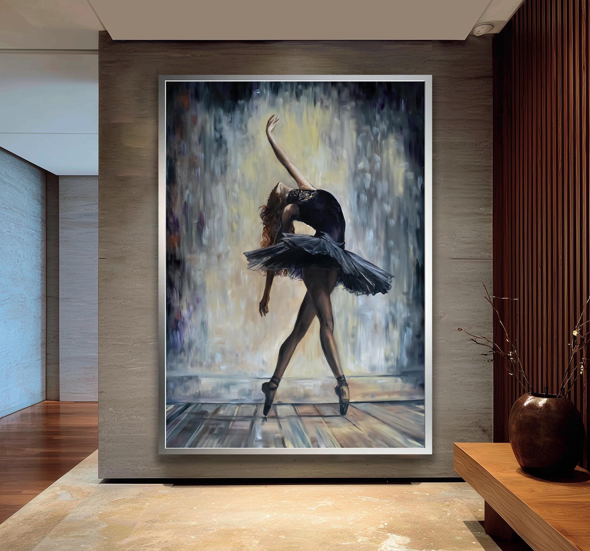 バレリーナの壁アート、黒いドレスを着た優雅なバレエダンサーの
