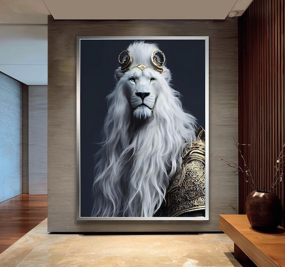 ホワイトライオンの壁アート、雄大なファンタジー動物のキャンバス絵画