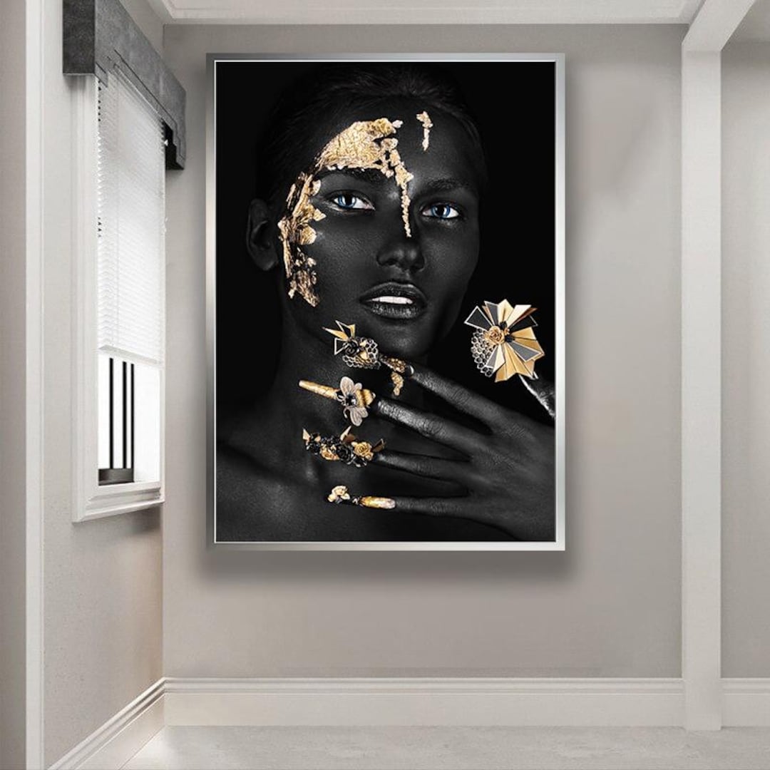 Luxury Black and Gold Woman Portrait, Glamour Abstract Face Art, Modern ...