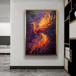 Phoenix Rising from the Flames – Dark Oil Painting Canvas, Mythical Fire Bird Wall Art, Dramatic Fantasy Artwork for Home or Office Decor