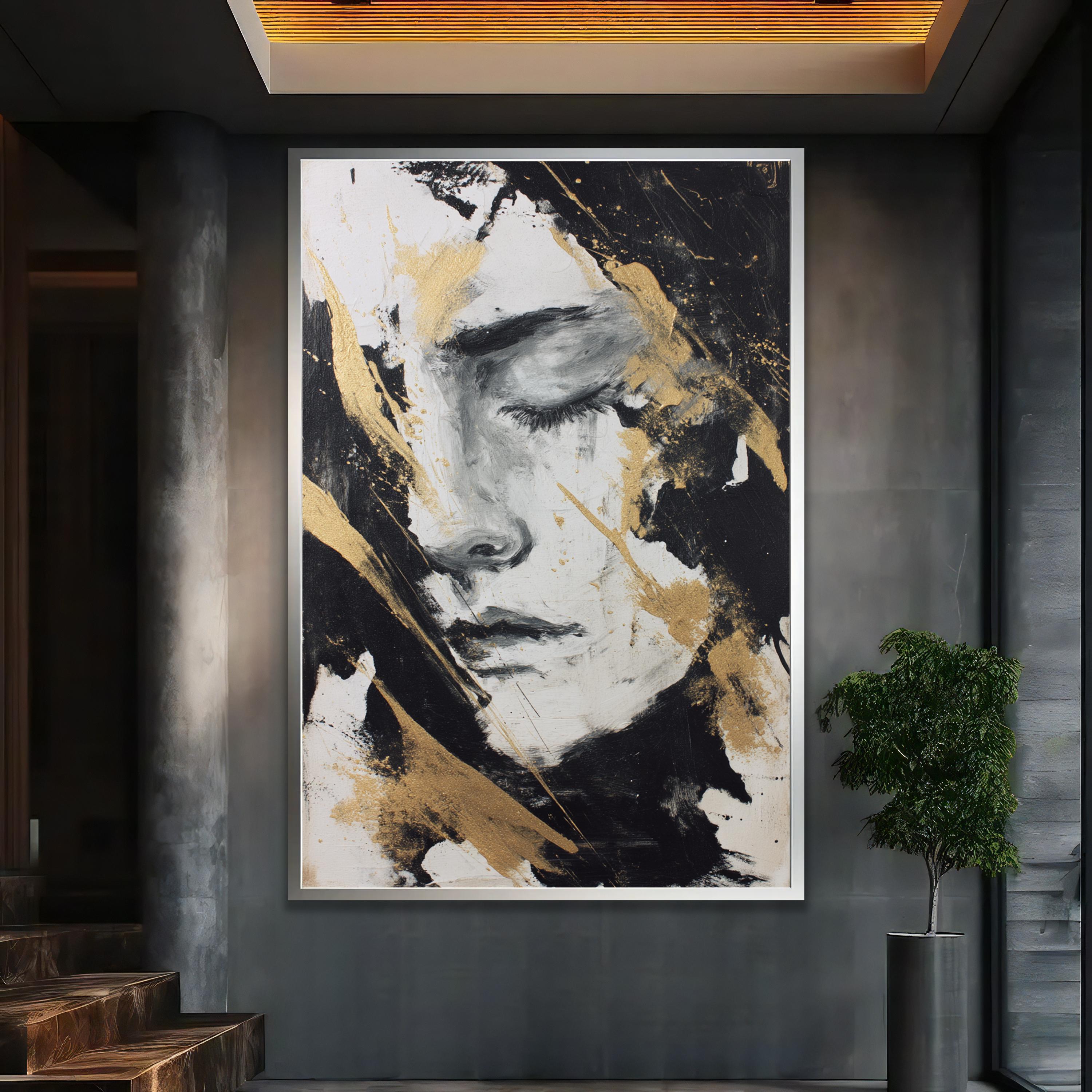 抽象的な女性の肖像画、目を閉じた、憂鬱で感情的なアート - Etsy 日本