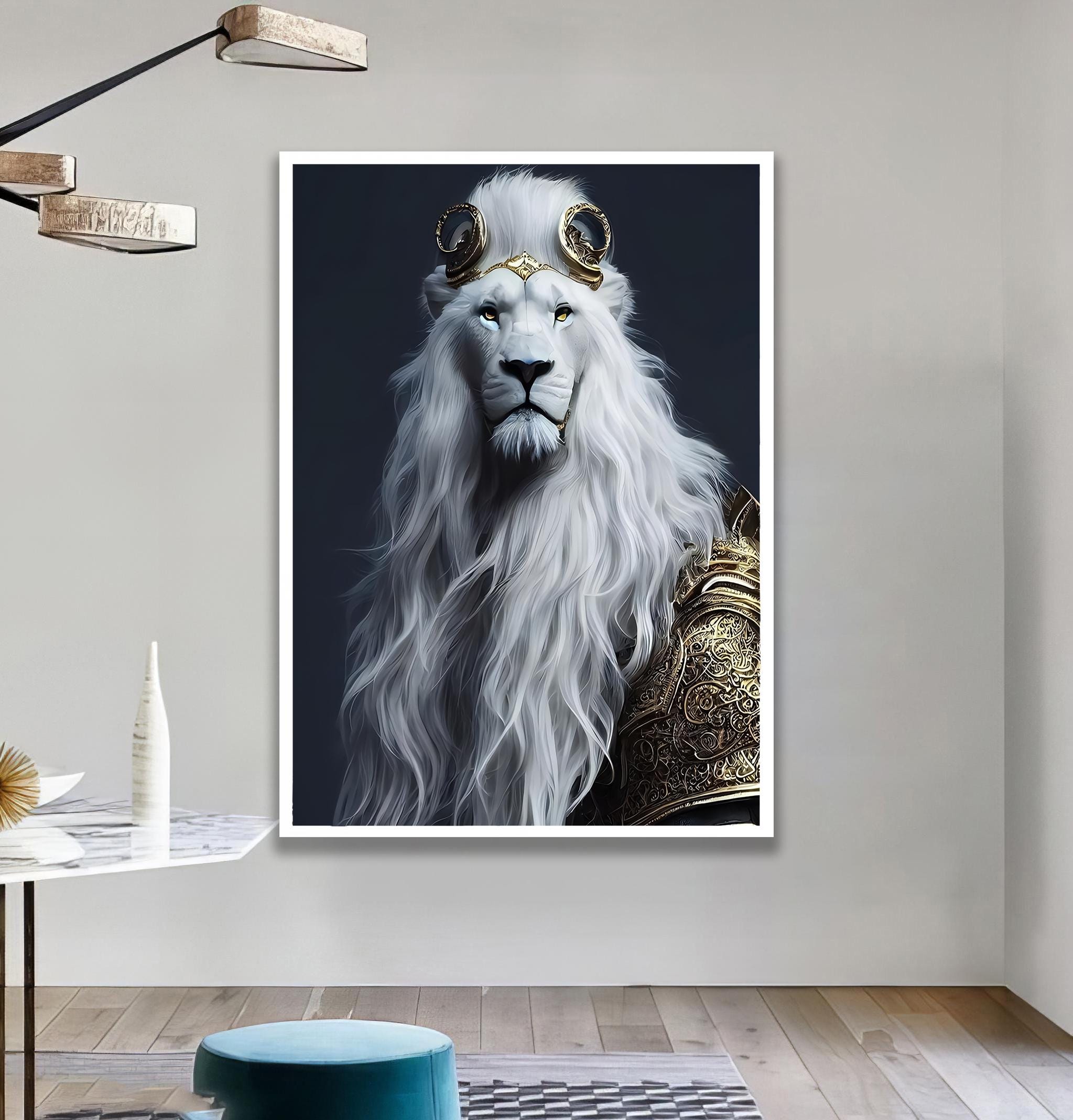 ホワイトライオンの壁アート、雄大なファンタジー動物のキャンバス絵画