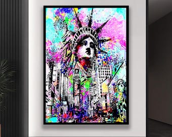 Arte pop colorido de la Estatua de la Libertad, pintura abstracta del horizonte de la ciudad de Nueva York, decoración de pared urbana moderna