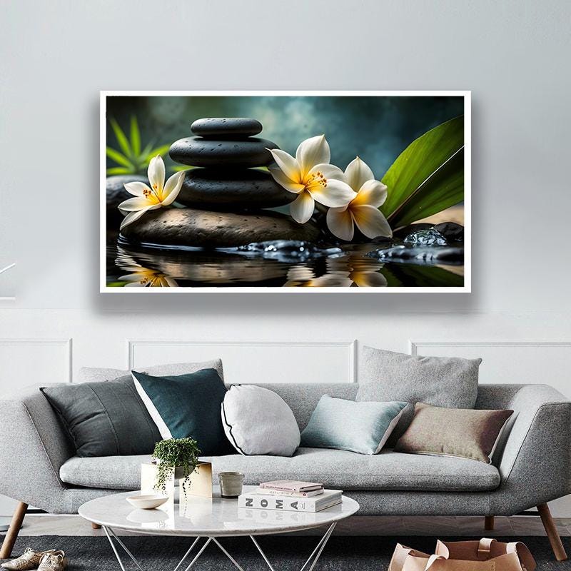 Zen Stone Wall Art, Spa Stones Plumeria Flower Print, Calm Nature