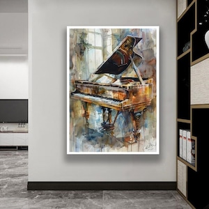 Lienzo decorativo de piano de cola vintage: impresión al óleo de música clásica, elegante decoración romántica para habitación con piano, arte antiguo de lujo para el hogar.
