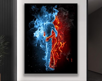 Fire and Ice Embrace Art – Abstract Passionate Couple in Blue and
