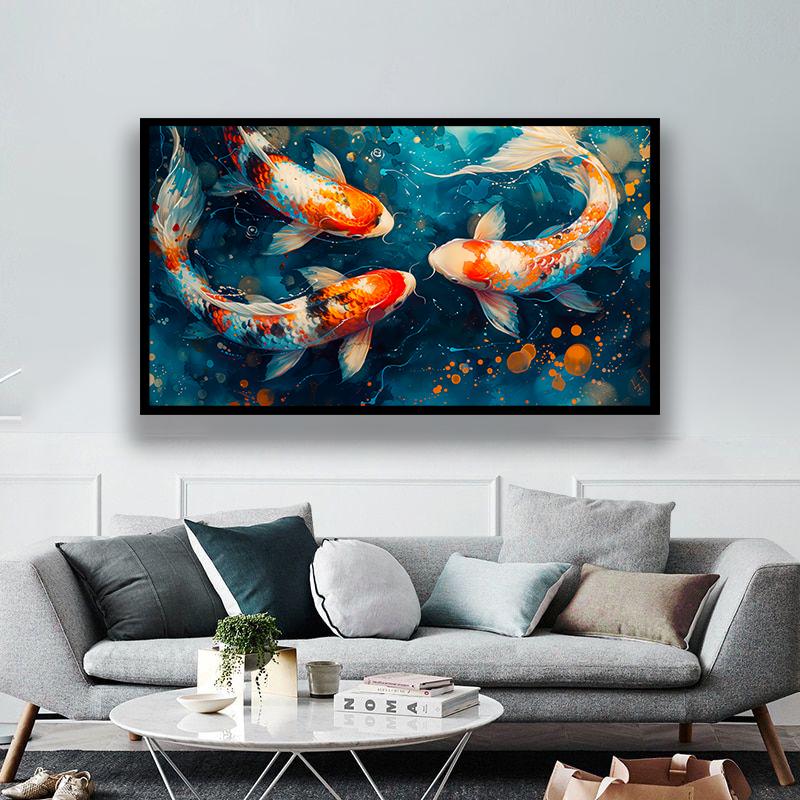Koi Fish Wall Art, Blue and Orange Abstract Painting, Tranquil Water ...