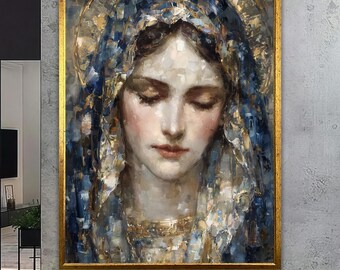 Virgin Mary Wall Art Print, Religious Christian Portrait, Blue Gold Sacred Artwork