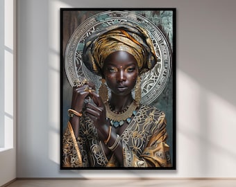 African Queen Wall Art, Gold Tribal Woman Portrait, Elegant Afrocentric Canvas Decor