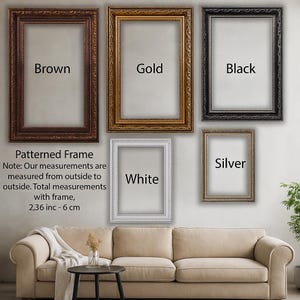 a living room with a beige sofa and a coffee table. Above the sofa, there are five framed pictures of different sizes and colors arranged in a patterned frame. The frames are labeled with the words "Brown", "Gold", "Black", "White", and "Silver". The text below the images provides information about the measurements of the frames, stating that the total measurements with frame are 2.36 inches - 6 centimeters.
