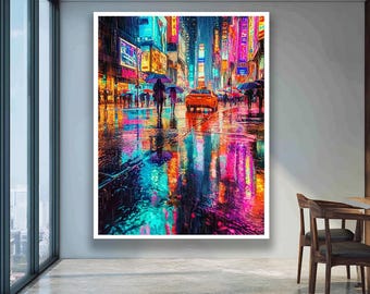 Neon Rain Cityscape Wall Art – Vibrant Times Square Night Painting Print