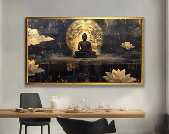 Puede incluir: Una obra de arte enmarcada que representa una figura de Buda sentado en meditación. La pintura presenta un fondo oscuro con detalles dorados, incluyendo un halo, flores de loto y nubes. La obra de arte se exhibe sobre una mesa de madera.