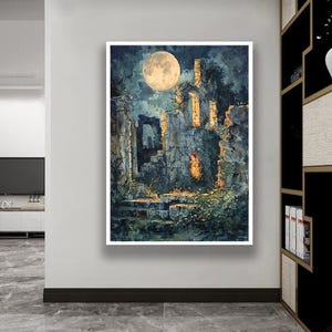 水彩画の月のキャンバス壁アート、ヴィンテージの城の夜の絵画、神秘的な月のプリント、魔法のホームデコレーションのためのファンタジーゴシックアートワーク