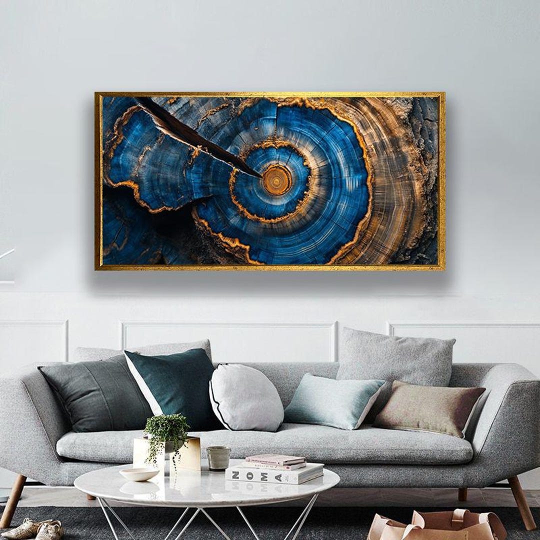 Blue Petrified Wood Wall Art, Abstract Tree Ring Canvas, Modern