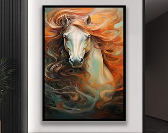Fiery Horse Painting, Abstract Wild Spirit Canvas Art, Modern Animal Wall Decor