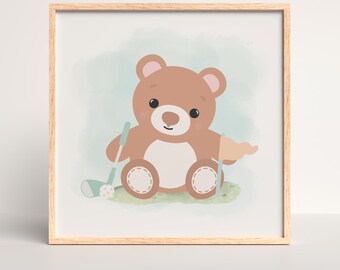 ゴルフテディベアのベビー用ウォールアートプリント、水彩画風スポーツベビー部屋装飾、ゴルフベビー用アートワーク、ゴルファーパパへのベビーシャワーギフト、額なし