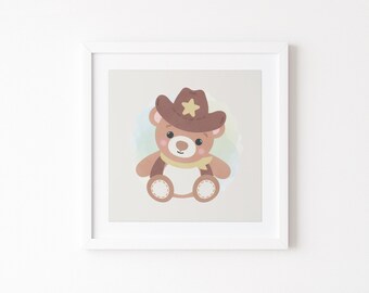 Cowboy Teddy Bear Nursery Wall Art Print, Watercolour Western Illustration, Cowboy Nursery Artwork, Baby Shower Gift, Unframed
