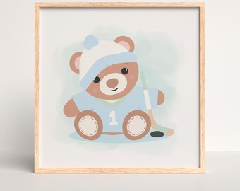 ホッケーのテディベアのベビー用壁掛けアートプリント、水彩画風スポーツベビー部屋装飾、ホッケーのベビー用アートワーク、ベビーシャワーギフト、額縁なし
