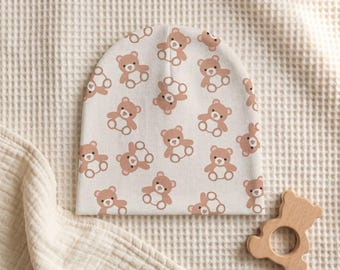Teddy Bear Baby Beanie, Original Illustrated Repeat Pattern Infant Hat, Gender Neutral Newborn Gift, Neutral Nursery Baby Hat