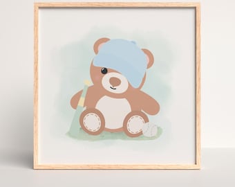 野球テディベアのベビー用壁掛けアートプリント、水彩画風スポーツベビー部屋装飾、野球ベビー用アートワーク、ベビーシャワーギフト、額なし