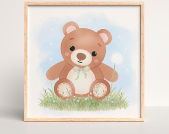テディベアとタンポポのベビー用ウォールアートプリント、水彩画、女の子のベビー部屋の装飾、花柄のベビー用アートワーク、ベビーシャワーギフト、額縁なし