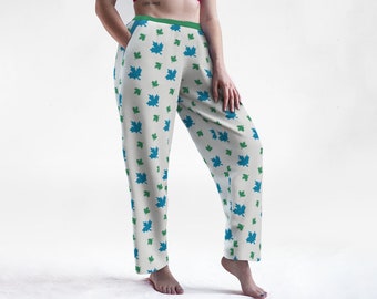 Schlaf-Eh-Hose | Ultraweiche Unisex-Loungehose mit süßem Ahornblattmuster | Blaues und grünes Muster | Pfirsichfarbener Jersey-Stoffmix