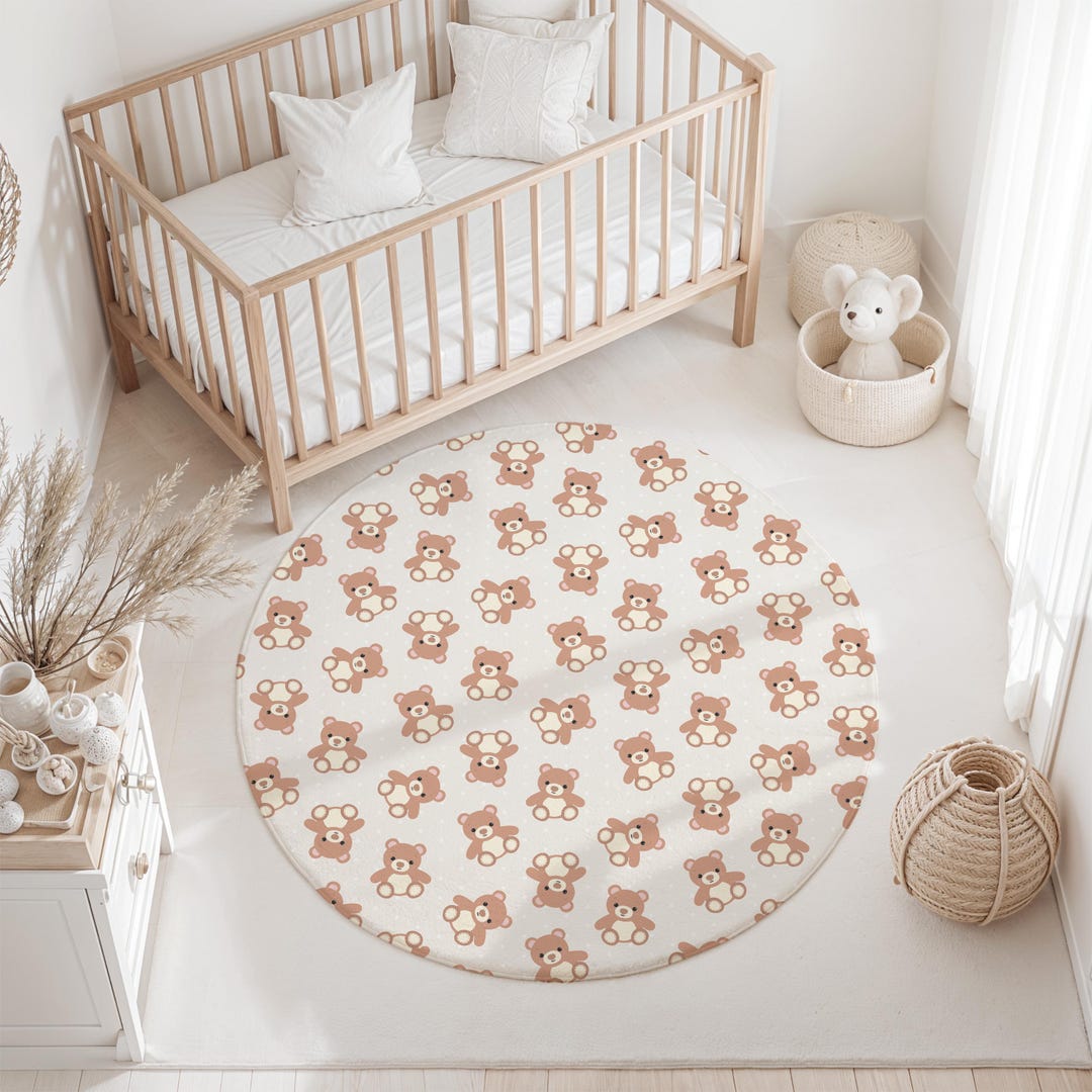 Soft Chenille Teddy Bear Round Rug, 60-inch Nursery Playroom Mat ...