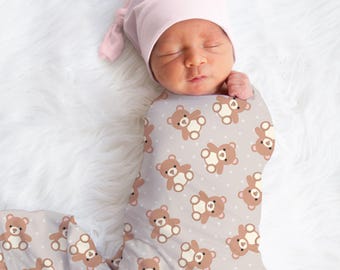 Teddy Bear Swaddle Blanket, Neutral Baby Wrap, Soft Jersey Knit Receiving Blanket, Gender Neutral Nursery Gift, Newborn Baby Shower Present
