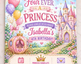 May include: A birthday invitation card featuring a watercolor illustration of a pink carriage, a castle, balloons, and a rainbow. Text includes Four Ever A Princess, Isabella's 4th Birthday, Saturday October 15th, 2:00 PM - 4:00 PM, 123 Fairytale Way, Sarasota, FL 34240, and RSVP to the Queen 941-555-1234.