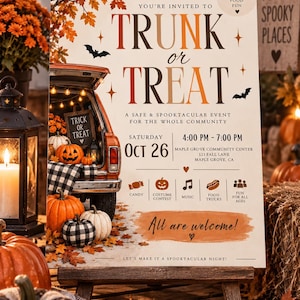 Puede incluir: Un folleto de evento Trunk or Treat con un coche naranja con el maletero abierto, calabazas y hojas de otoño. El texto dice: You're invited to Trunk or Treat, Oct 26, 4:00 PM - 7:00 PM, Maple Grove Community Center, 123 Fall Lane, Maple Grove, CA.