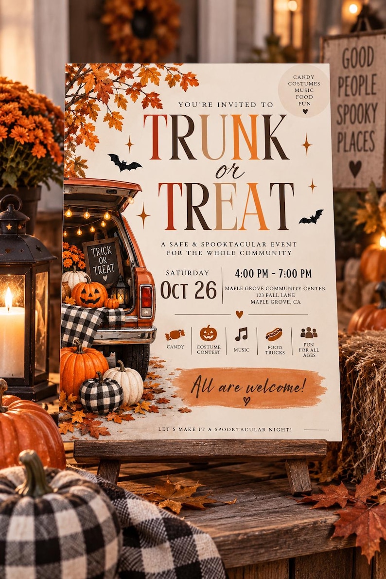 Rustic Fall Invitations Editable Trunk or Treat Flyer Template, Rustic Halloween Event ...