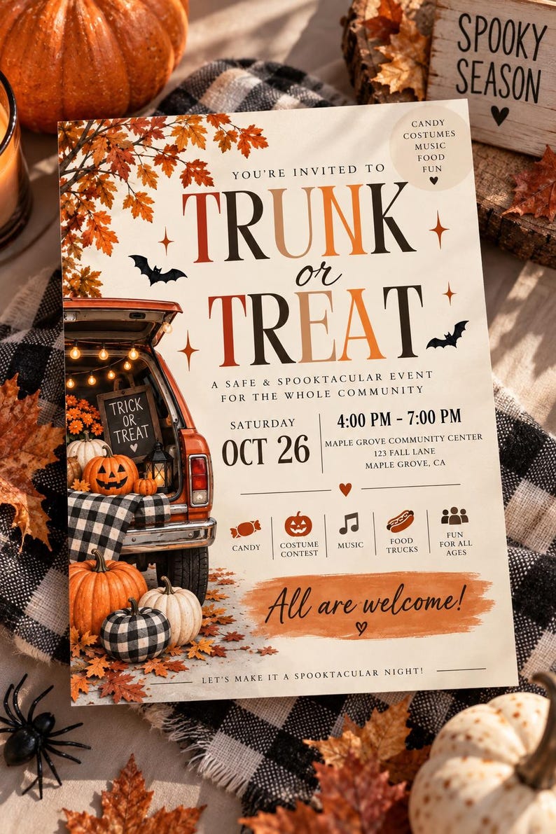 Rustic Fall Invitations Editable Trunk or Treat Flyer Template, Rustic Halloween Event ...