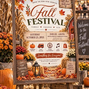 Puede incluir: Un letrero rectangular de madera sobre un caballete que anuncia un festival de otoño. El letrero presenta hojas de otoño, luces de cadena y texto que incluye fecha, hora, ubicación y actividades como huerto de calabazas y música.