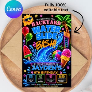 May include: A neon-style birthday invitation card featuring a water slide, palm tree, sun with sunglasses, balloons, watermelon slice, and ice cream cone. The text reads: YOU'RE INVITED TO A BACKYARD WATER SLIDE BASH! JOIN US TO CELEBRATE JAYDEN'S 8TH BIRTHDAY!