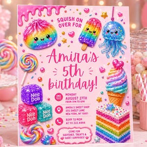 Modèle d'invitation d'anniversaire Squishy, ​​Invitation Candycore pour un 5e anniversaire, Fête Squishy Arc-en-ciel, Inspiré par NeeDoh, Invitation Canva modifiable