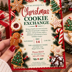 May include: A rectangular Christmas cookie exchange invitation card featuring a cream center with red borders, decorated with illustrations of gingerbread men, candy canes, and decorated cookies, with text detailing a party on December 14th.