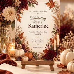 May include: A memorial card titled In Loving Memory Celebrating The Life of Katherine, featuring autumn leaves, burgundy dahlias, and pampas grass. The text includes the date Saturday, October 18th, 6:30 PM, location The Garden Room 123 Harvest Lane, and RSVP 555-1234.