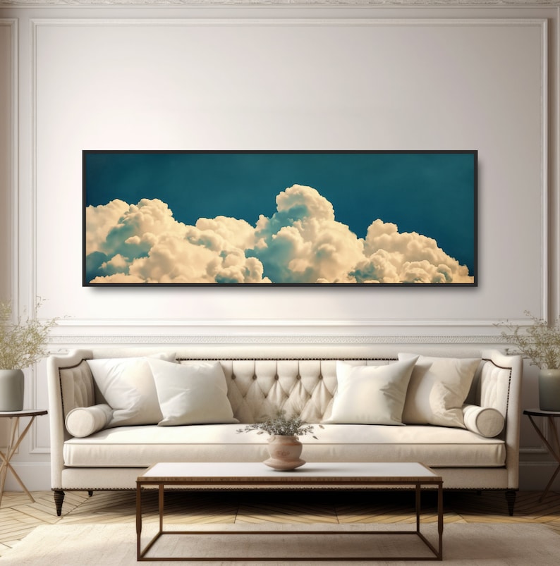 Foto vintage de nubes en el cielo. Arte surrealista de ensueño, decoración minimalista de pared, lienzo panorámico grande, póster, calma zen, azul y blanco. imagen 3