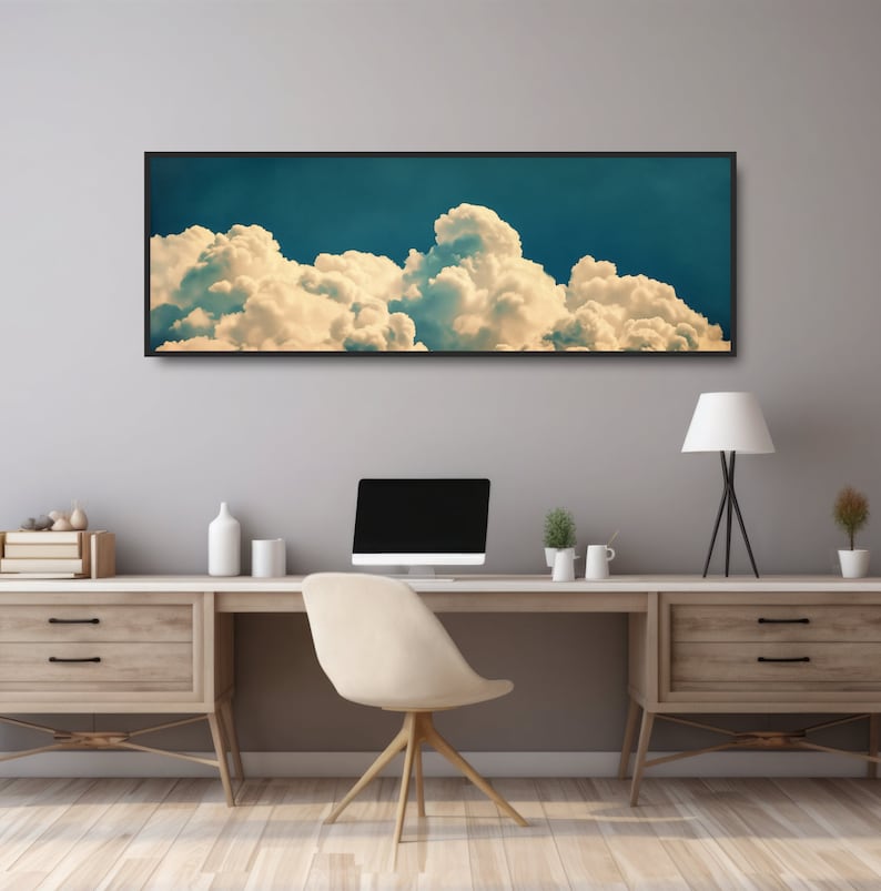 Foto vintage de nubes en el cielo. Arte surrealista de ensueño, decoración minimalista de pared, lienzo panorámico grande, póster, calma zen, azul y blanco. imagen 6