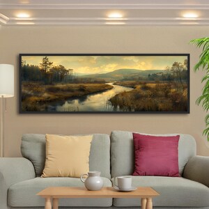 Autumn Marsh River Wall Art: Wetland Panoramic Oil Painting Print, Rustic Farmhouse Decor