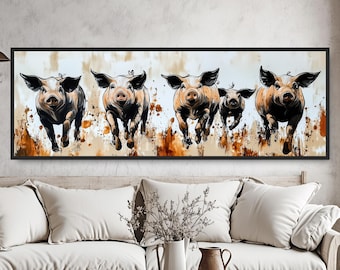 Playful Pigs Farmhouse Wall Art, Rustic Country Kitchen Decor, Whimsical Barnyard Farm Animal Panoramic Canvas, Large Rustic Painting Print