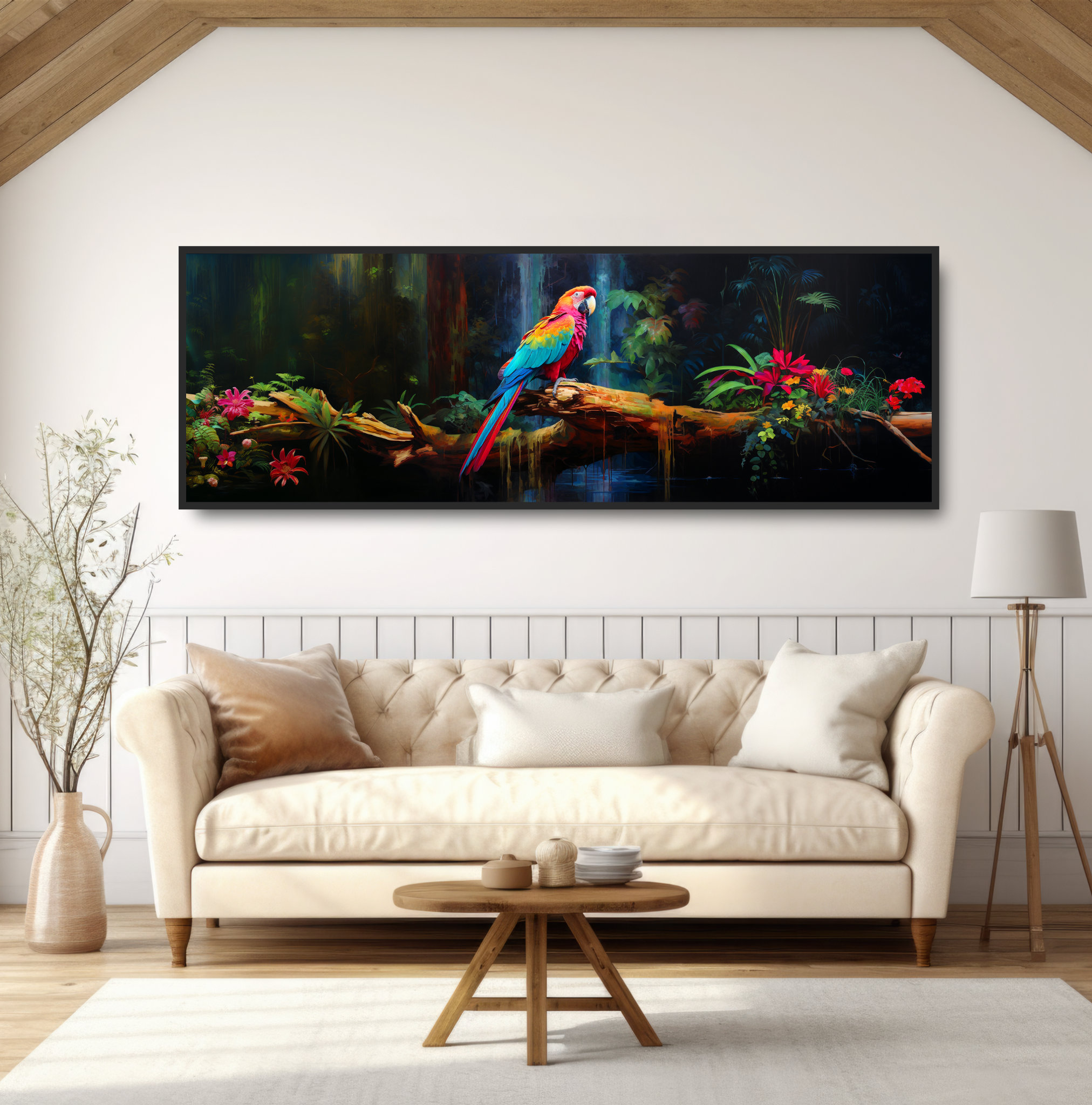 Photo inspiration: Macaw Parrot Jungle Waterfall Colorful Panoramic Painting Large Photo Inspiration