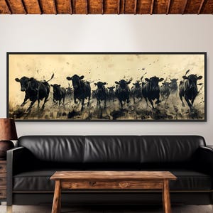 Powerful Cattle Stampede Painting. Old West Cow Herd Artwork. Rustic Farmhouse Western Home Decor. Panoramic Canvas Monochrome Black Ink Art