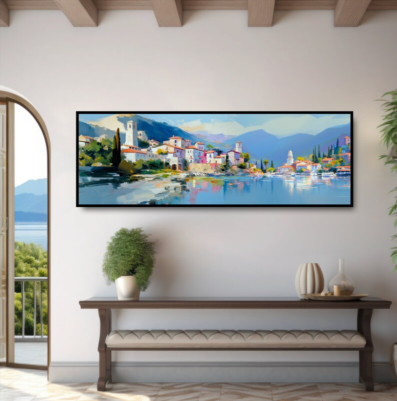 Italian Seaside Village Panoramic Oil Painting Print. Mediterranean Ocean Town, Romantic Coastal Italy, Colorful Reflections in a Calm Sea. image 5