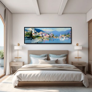 Italian Seaside Village Panoramic Oil Painting Print. Mediterranean Ocean Town, Romantic Coastal Italy, Colorful Reflections in a Calm Sea. image 3