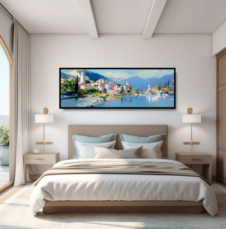 Italian Seaside Village Panoramic Oil Painting Print. Mediterranean Ocean Town, Romantic Coastal Italy, Colorful Reflections in a Calm Sea. image 3