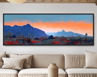May include: A panoramic landscape painting depicting a desert scene with a mountain range in the background. The sky is a vibrant orange and pink, with a few clouds. The foreground features a field of red flowers and a few small trees.