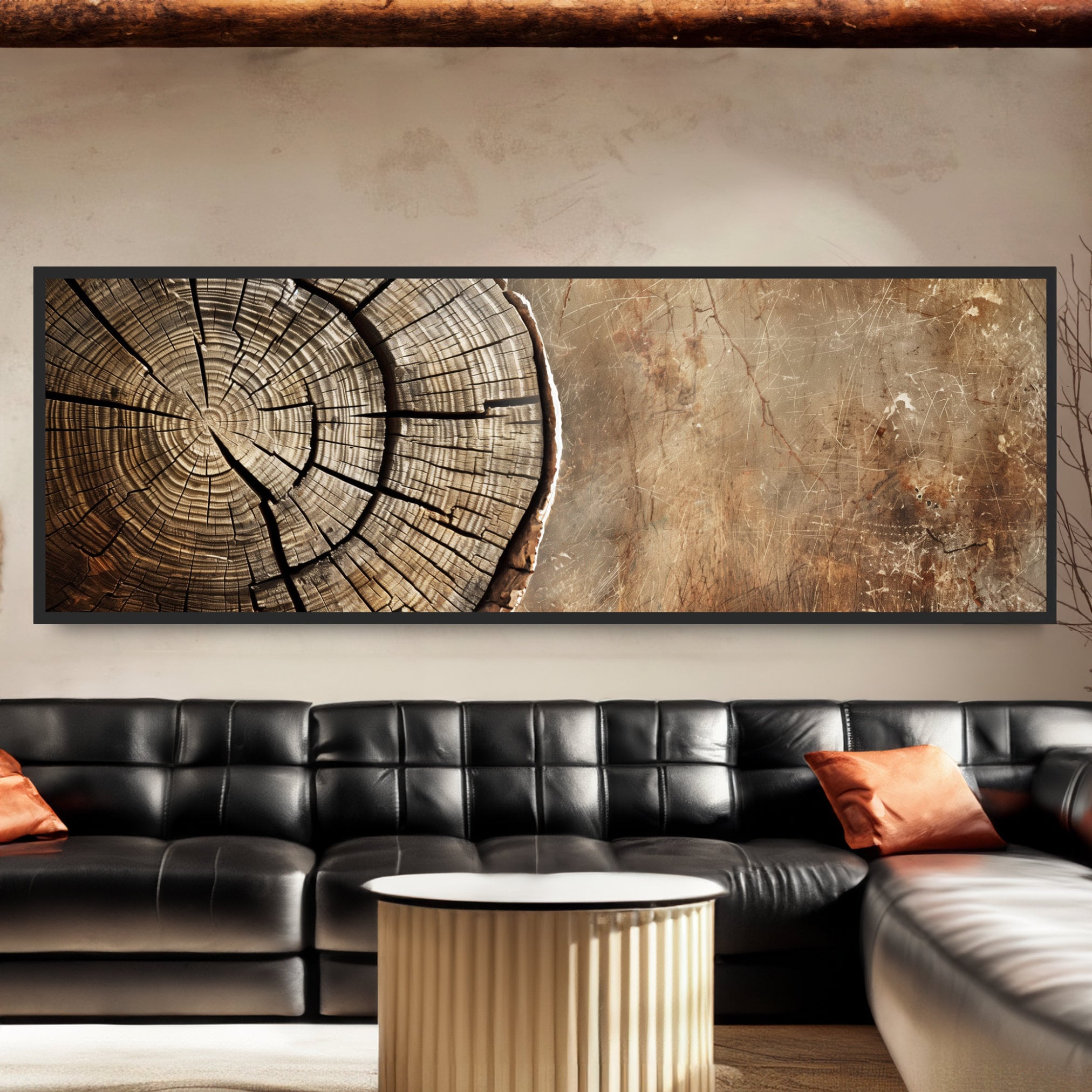 Rustic Wood Log & Stone Art Print. Weathered Wooden Stump Tree Trunk Artwork. Neutral Earth Tones Panoramic Canvas, Cabin Decor, Beige Brown